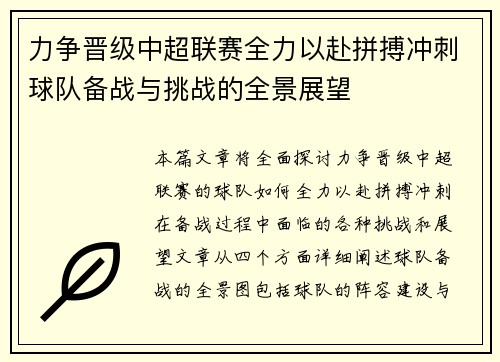 力争晋级中超联赛全力以赴拼搏冲刺球队备战与挑战的全景展望